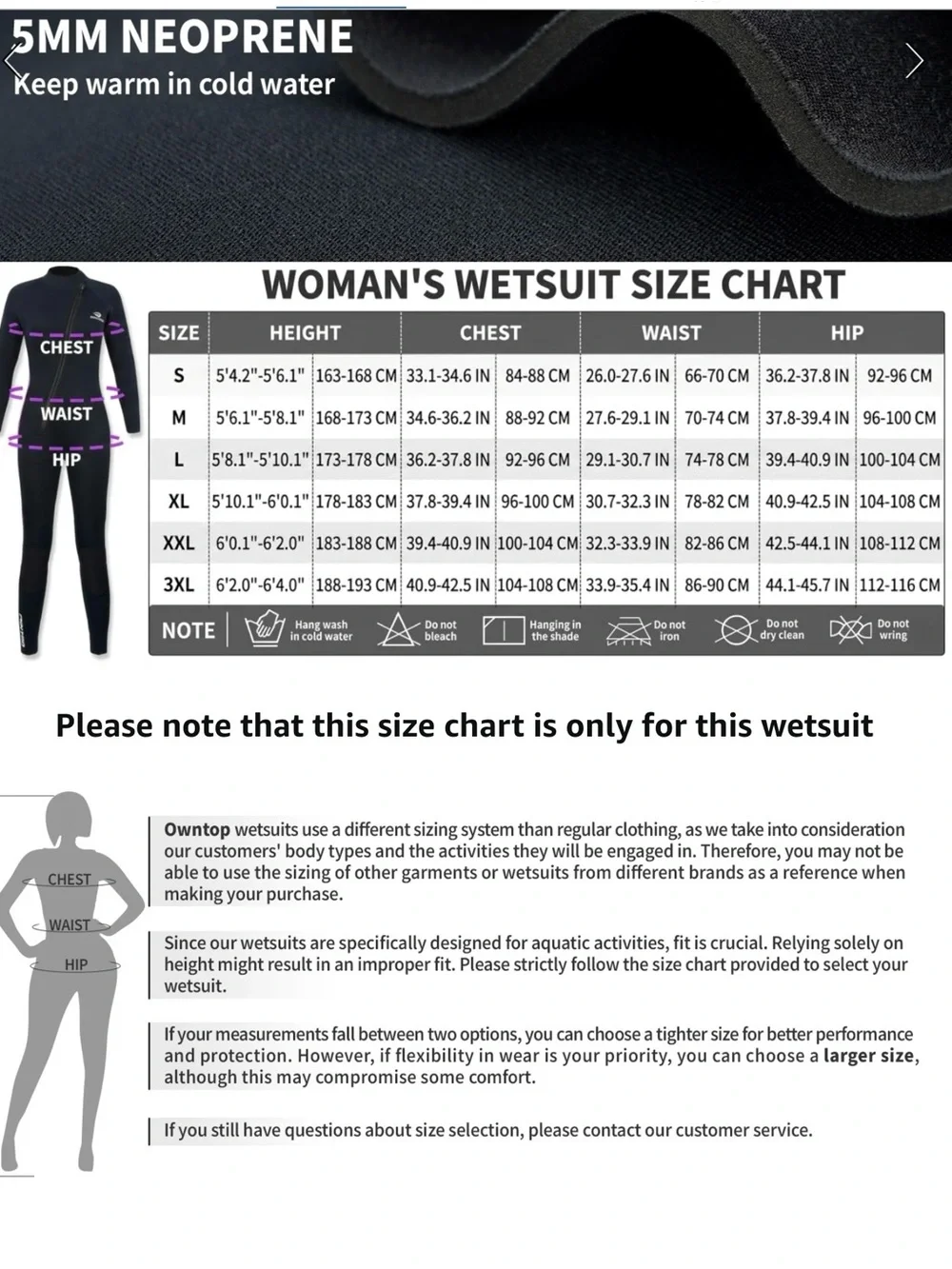 Owntop Wetsuit 5mm Neoprene Diving Suit Womens Size S Diving Surfing